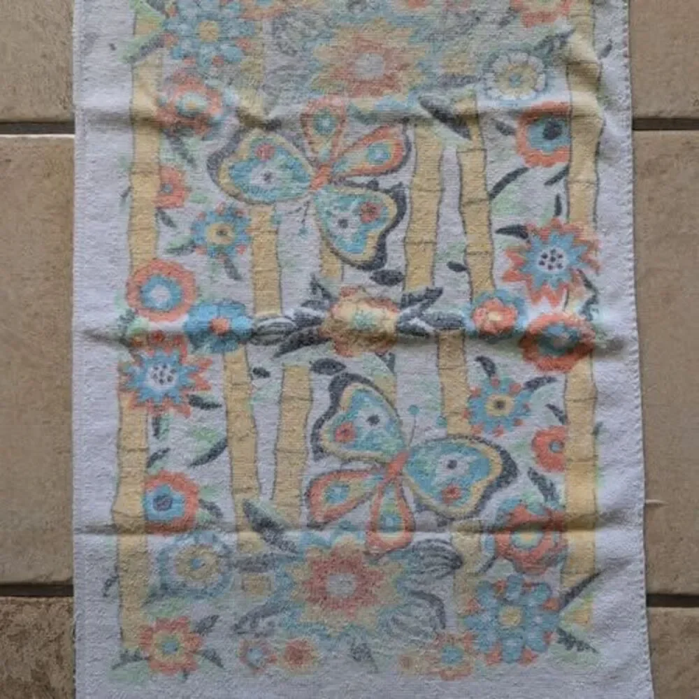 Vintage Kitchen Towel 70s Faded Bamboo Butterflies 23x16 MCM Retro Boho Cottage
